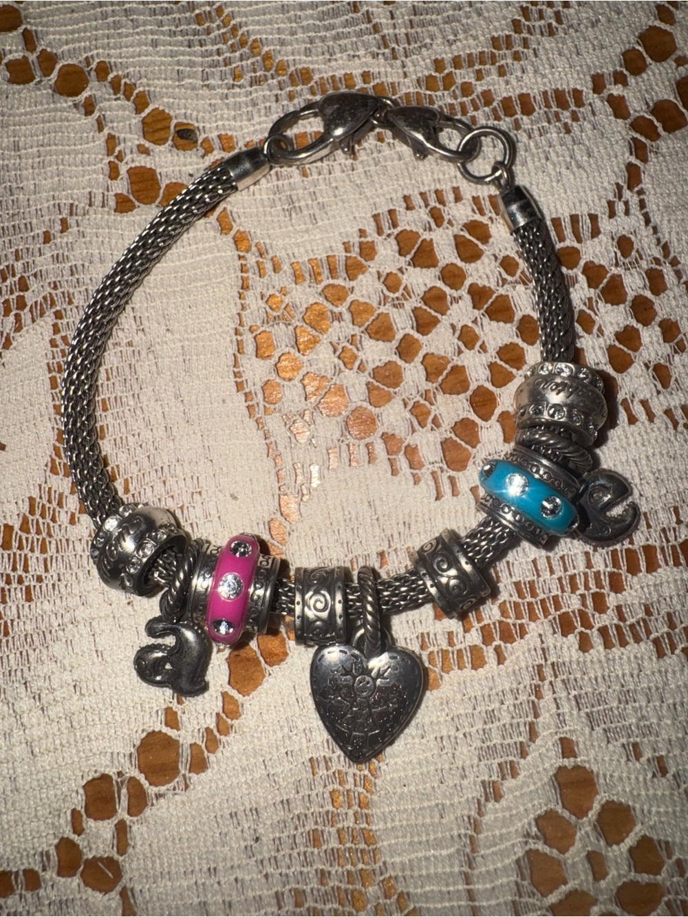 Brighton Beverly Glam Style Silver Tone Charm Bracelet Pink Blue Beads Daughter